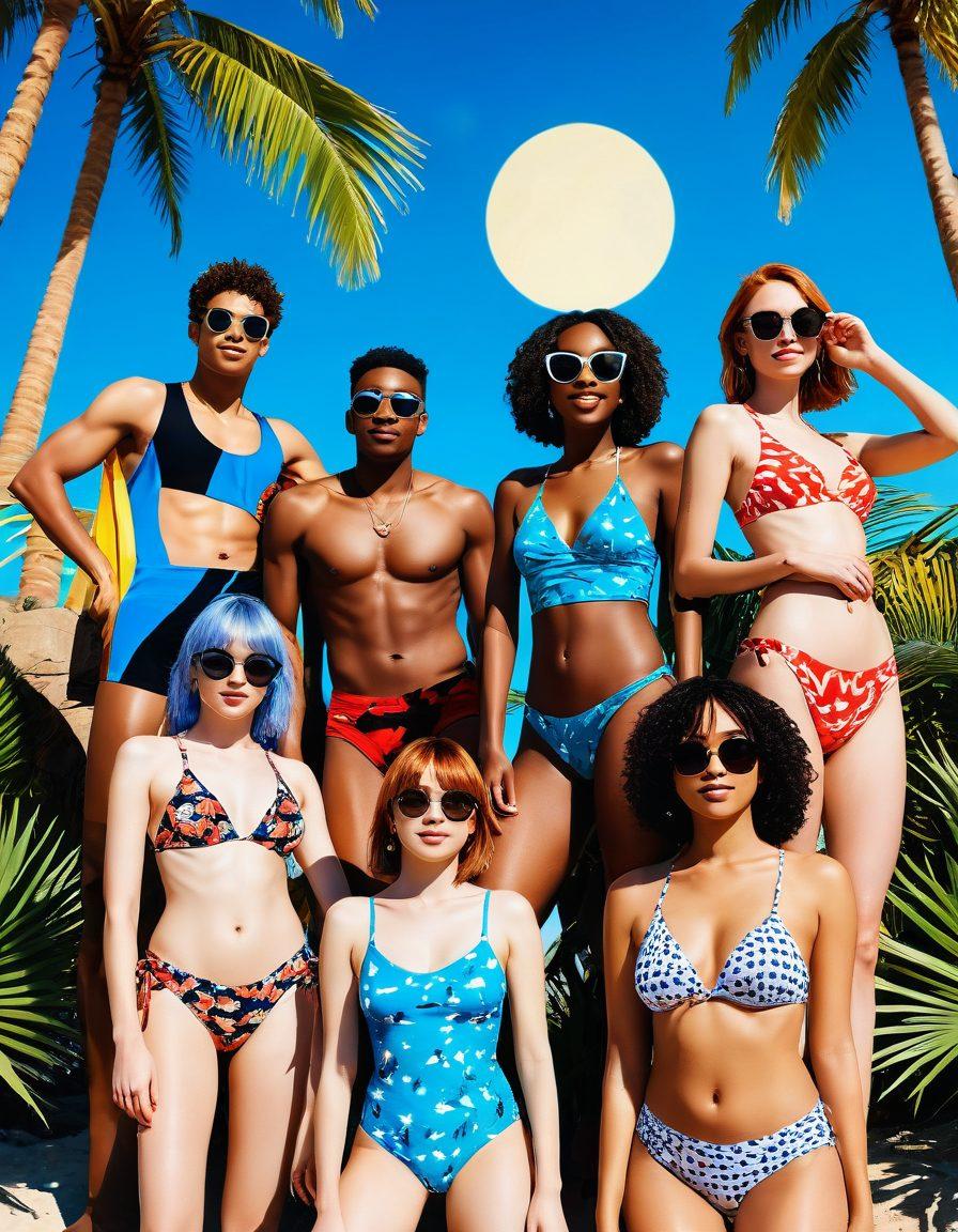 A vibrant summer beach scene featuring a group of diverse young adults wearing swimwear inspired by popular anime characters, adorned with colorful elements like oversized sunglasses and playful accessories. In the background, a bright blue sky complements the sun, while palm trees sway gently. Incorporate a blend of traditional anime aesthetics with trendy swimwear patterns. A warm, energetic atmosphere should radiate from the image. vibrant colors. super-realistic. bright contrast.
