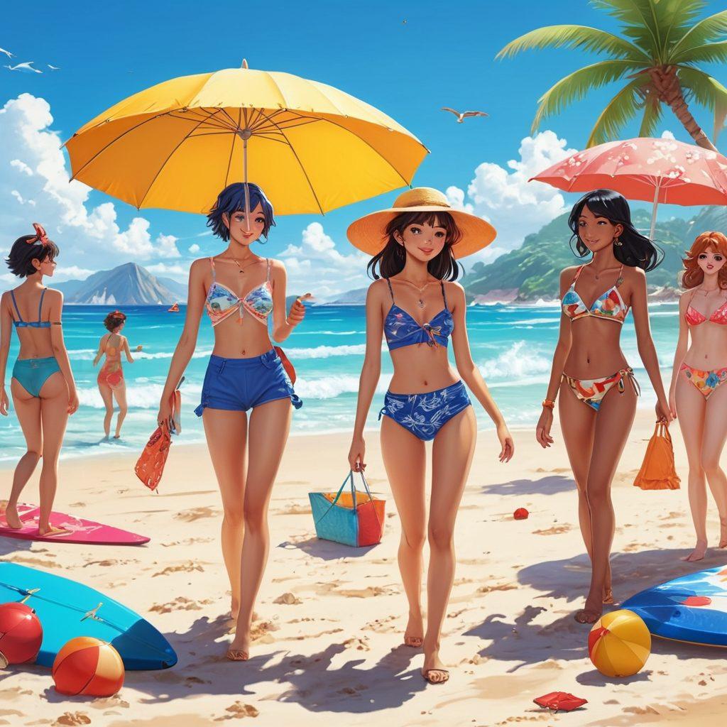 A sunny beach scene featuring a diverse group of animated characters in stylish, anime-inspired lingerie, enjoying a lively summer day. Vibrant beach accessories like umbrellas, surfboards, and tropical drinks add to the atmosphere. The characters showcase trendy designs with bold colors and patterns, radiating confidence and fun. The background includes a clear blue sky, soft sand, and gentle waves. A hint of playful manga elements can be incorporated. vibrant colors. super-realistic. bright and cheerful.